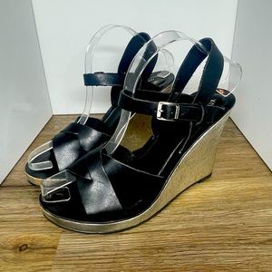 Silver Kork-Ease Black Strap Cork Wedges